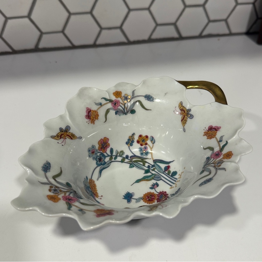 vintage Haviland Limoges leaf-shaped bowl gold quail